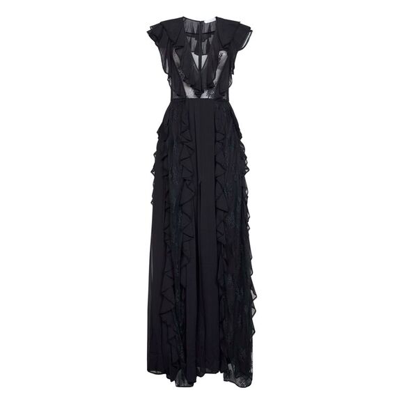 Alina' Women Black Georgette Long Dress With Lace Inserts